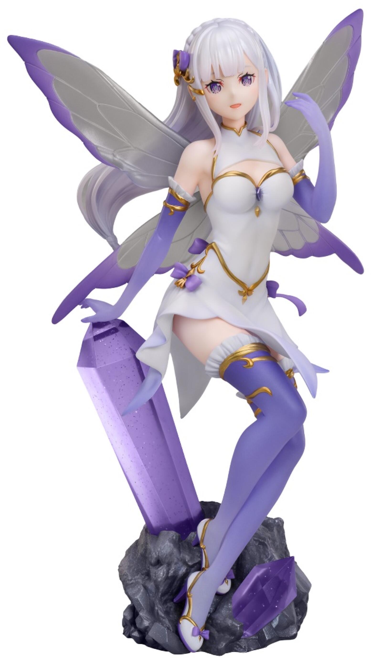 White-haired anime fairy figure with large purple wings and a white dress, standing on a crystal-adorned rocky base