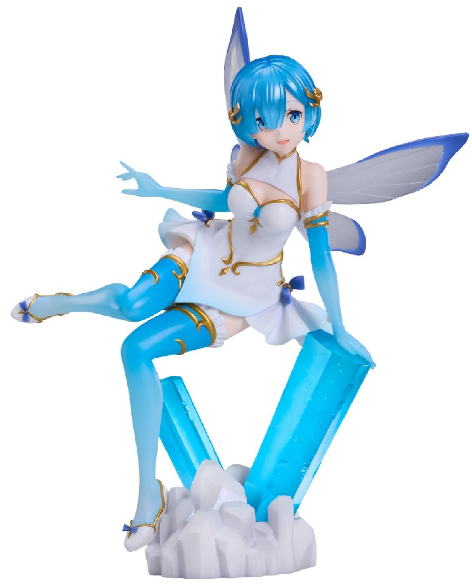Blue-haired Rem fairy figure in a white dress, blue wings, with one leg raised, leaning on shimmering blue crystals