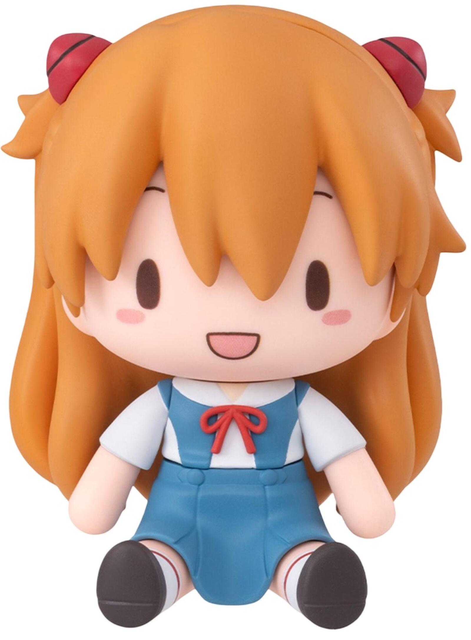 Chibi Asuka figure, orange hair & red clips, blue uniform, sitting and smiling