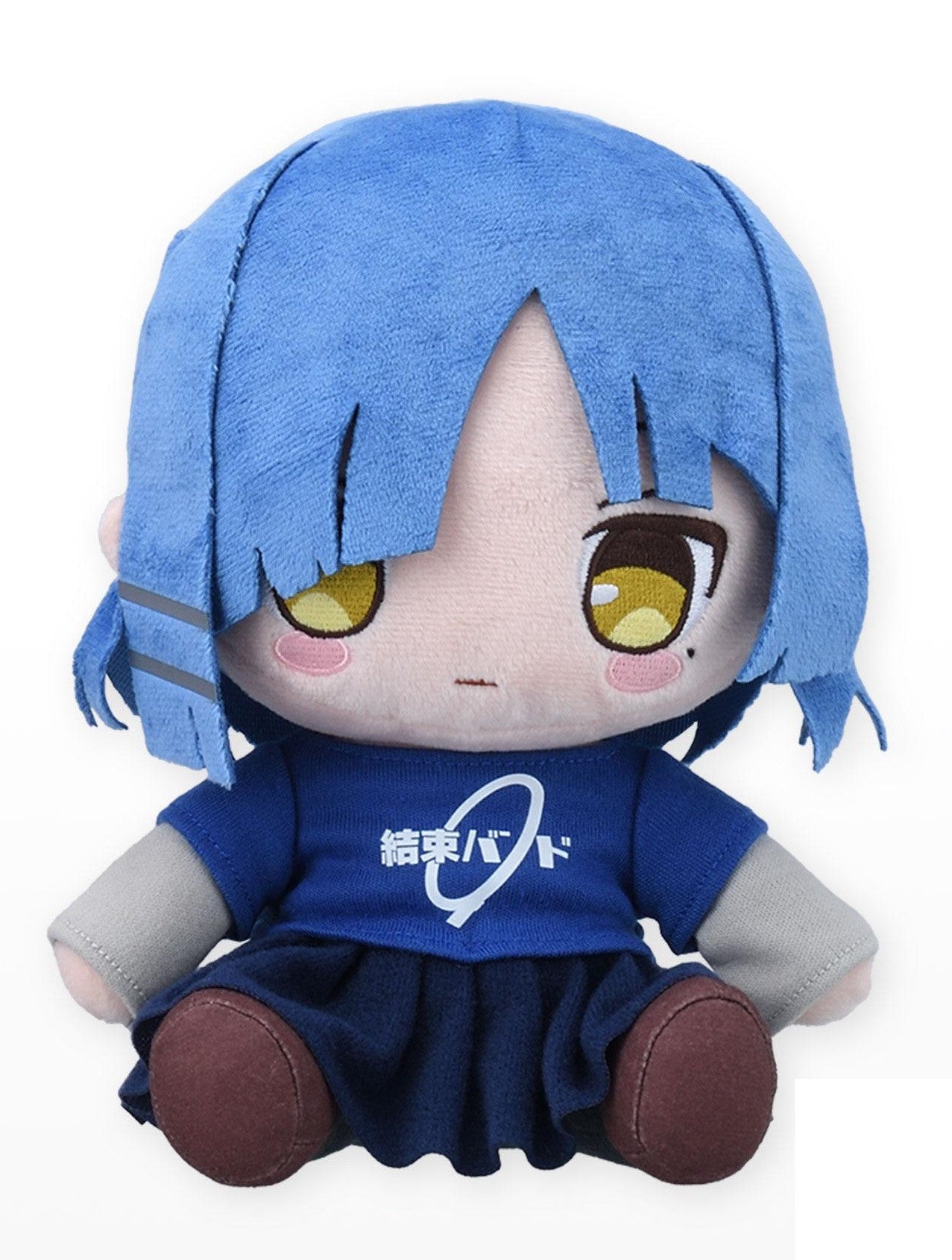 Cute plush doll with bright blue hair golden eyes and a blue shirt with white Japanese text and circle logo sitting with dark blue skirt and brown feet