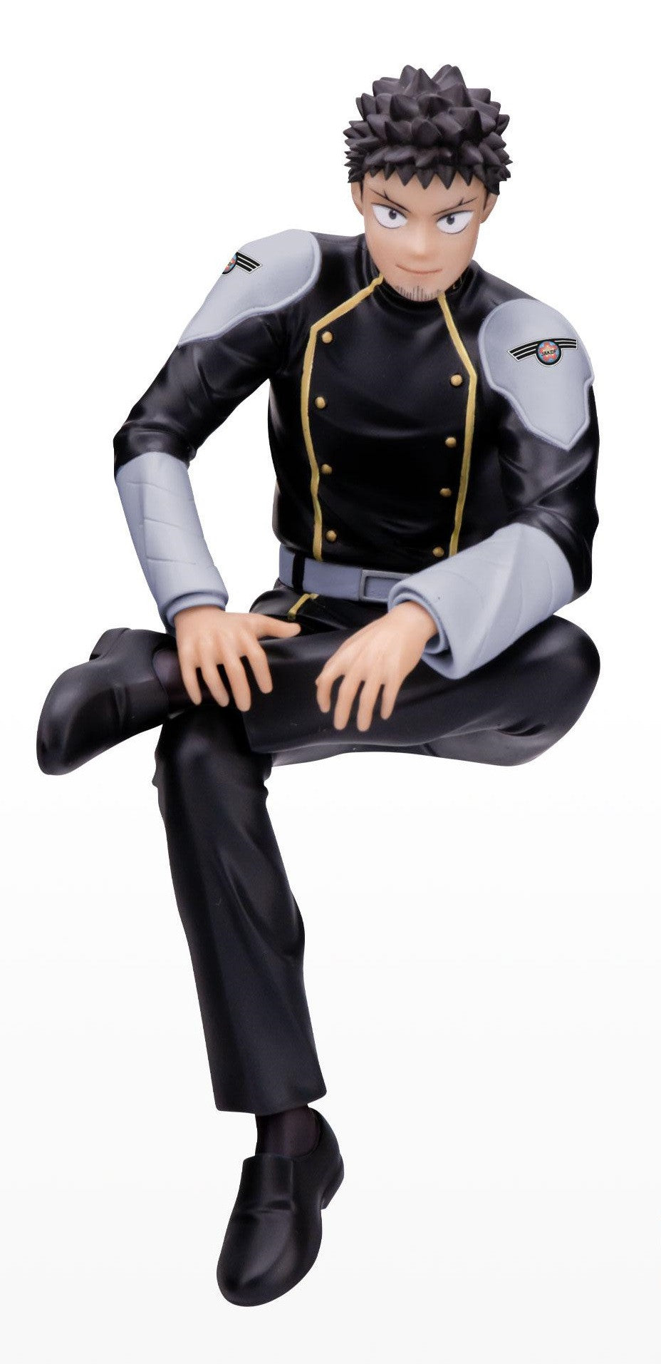 Black and gray figure with spiked hair in a military-style uniform sitting with legs crossed