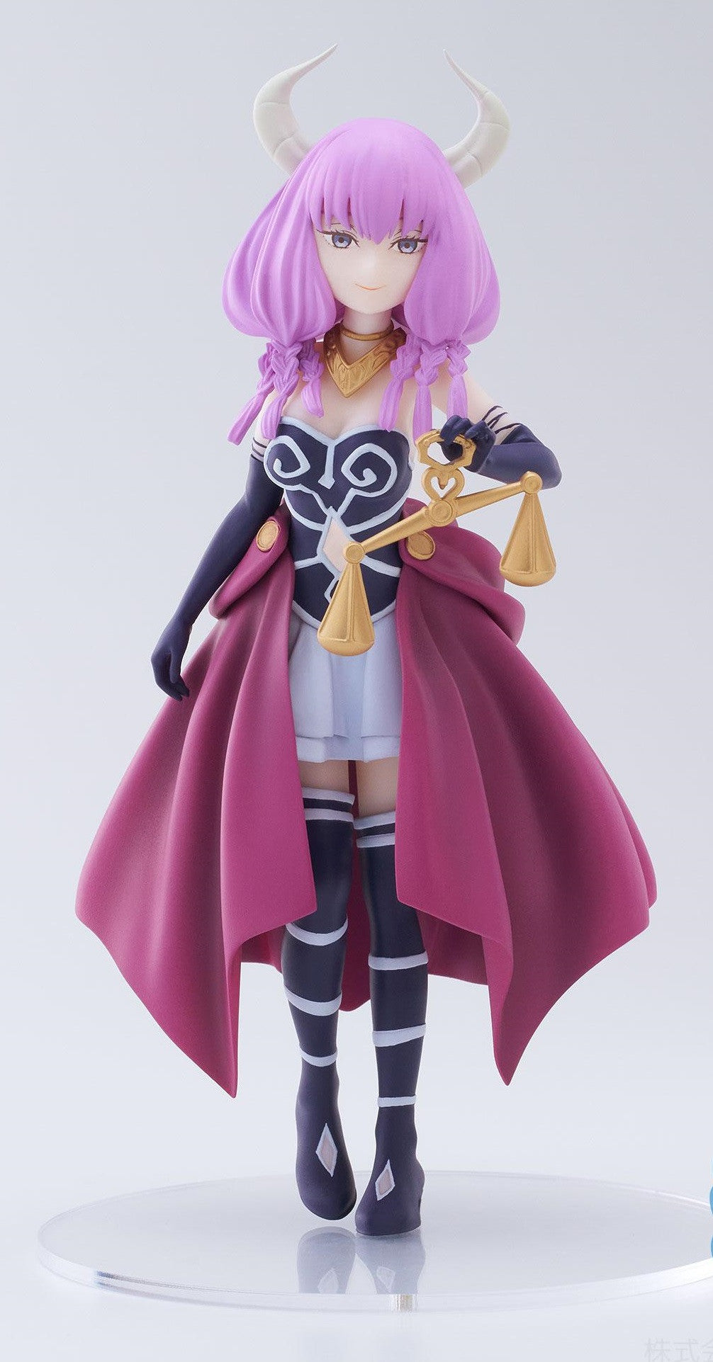Chibi-style figure of Aura the Guillotine standing on a purple magic circle base with long pink hair a dark hooded robe, and gold-trimmed details, facing forward in a commanding pose