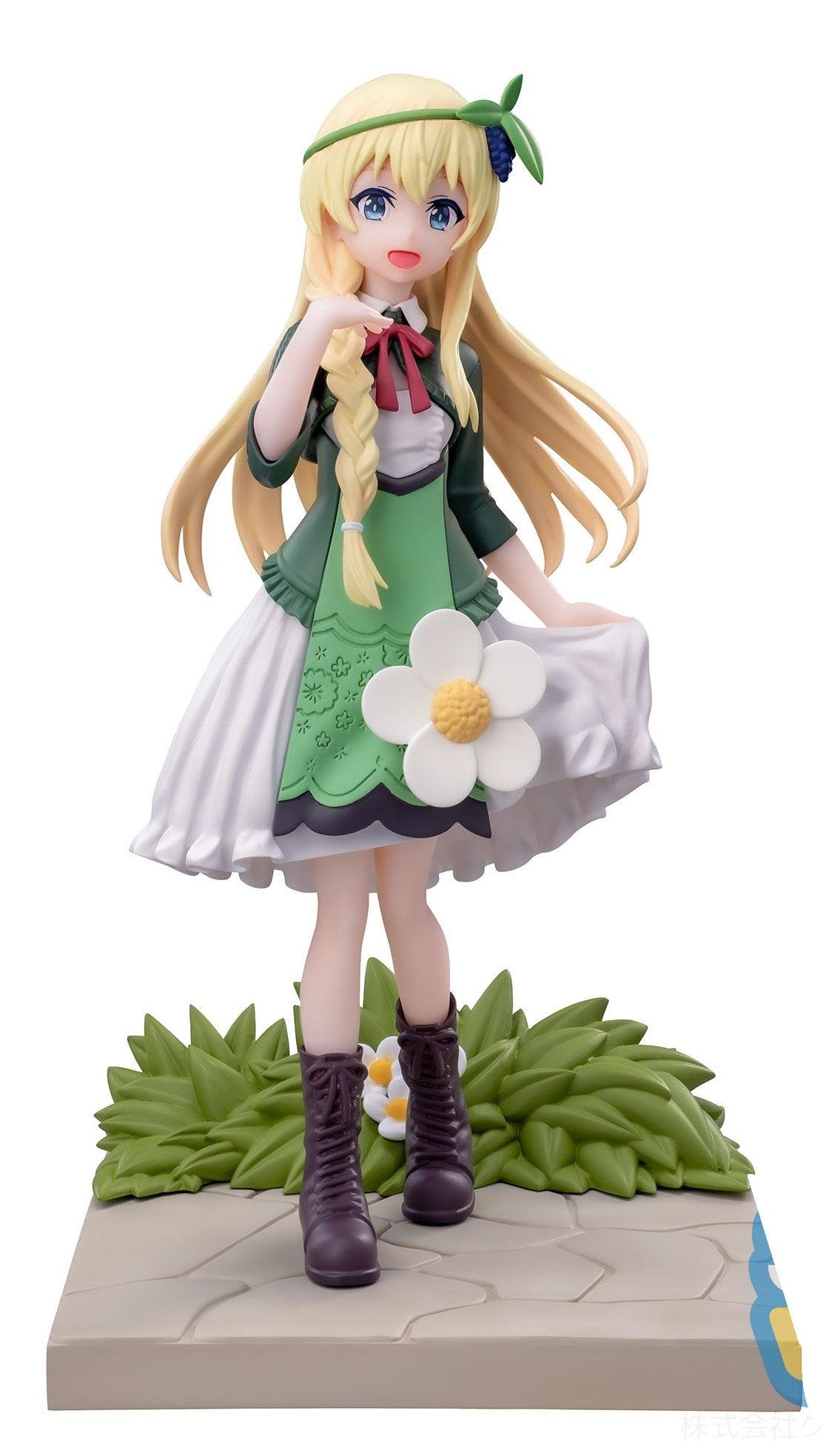 Blonde anime girl figure in green dress with flower and base