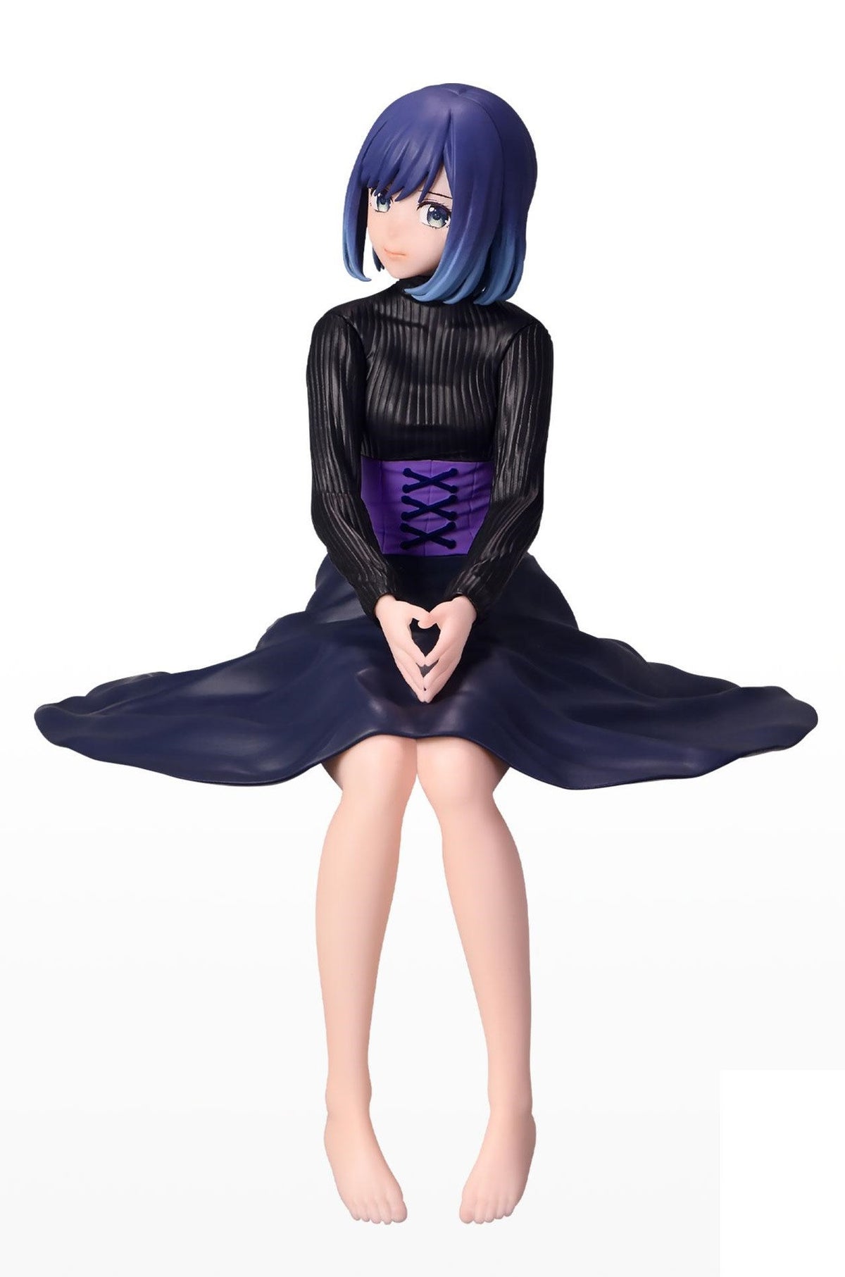 Figure of a character with blue hair black high-neck top purple corset and dark blue skirt seated with hands clasped
