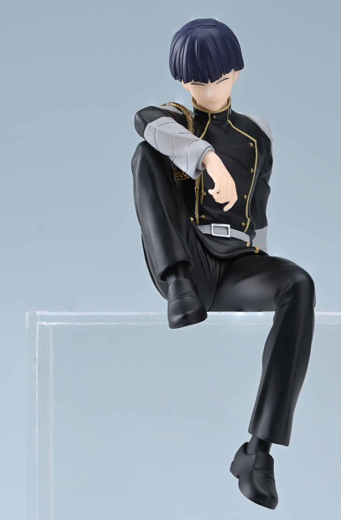 Kaiju No 8 PM Perching Figure Soshiro Hoshina figure sitting in black uniform with gold accents and gray sleeves