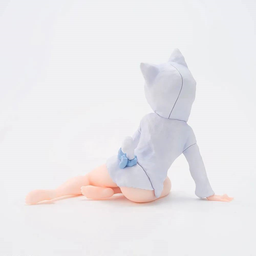 Goddess of Victory NIKKE N102 statue in a white hooded outfit with cat ears and bare legs laying down