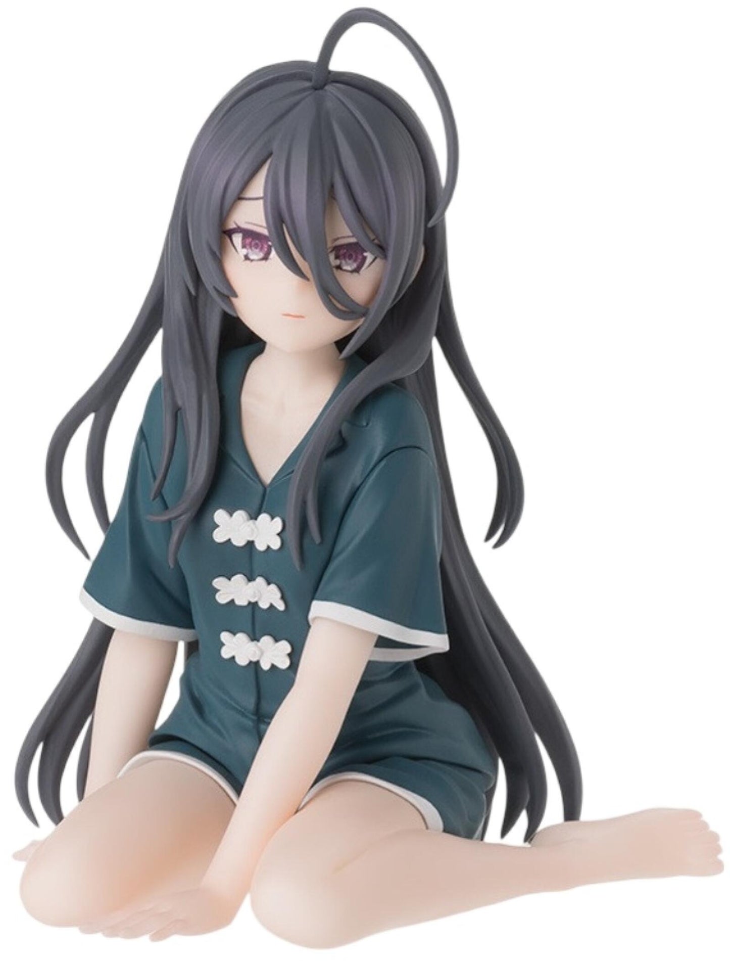 Front view of Ayano figure perched on a chair in school uniform, hands resting on knees