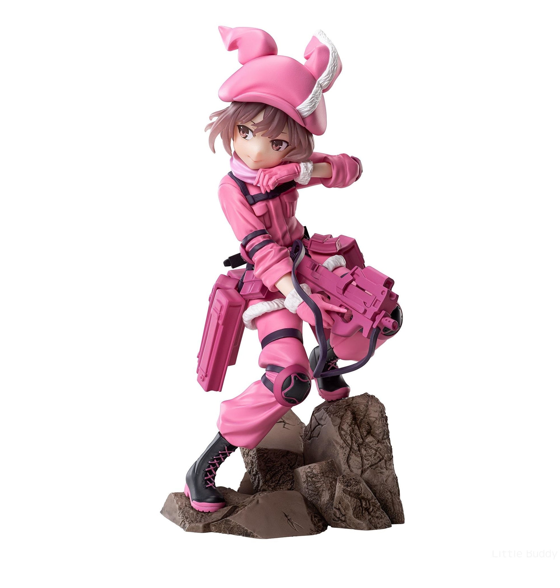 Sword Art Online Alternative Gun Gale Online II Luminasta Llenn figure in a vibrant pink tactical suit and hat holding a large matching gun