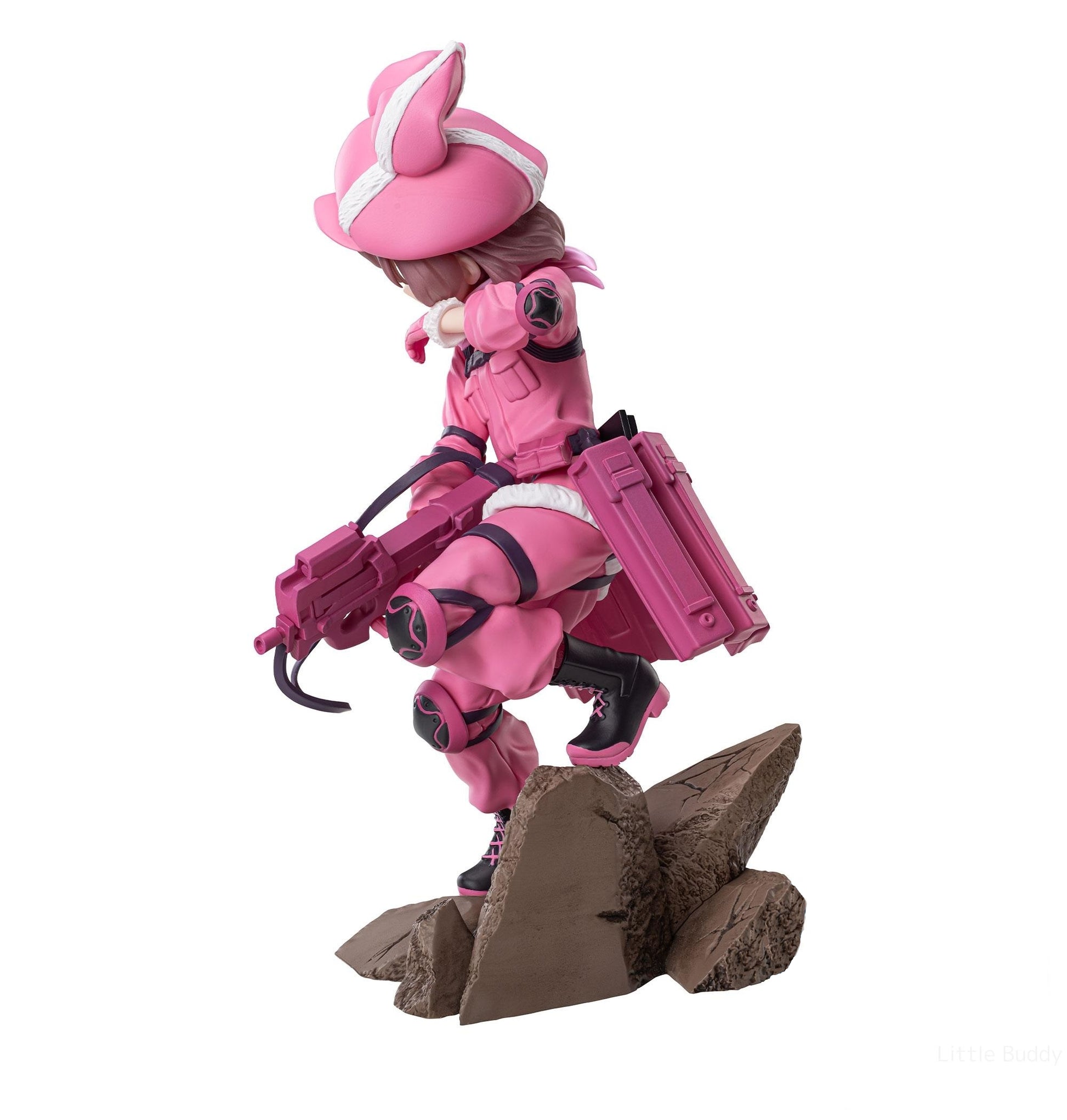 Sword Art Online Llenn Luminasta anime figure in pink jumpsuit with bunny ears and P90 submachine gun perched on rocks rear view