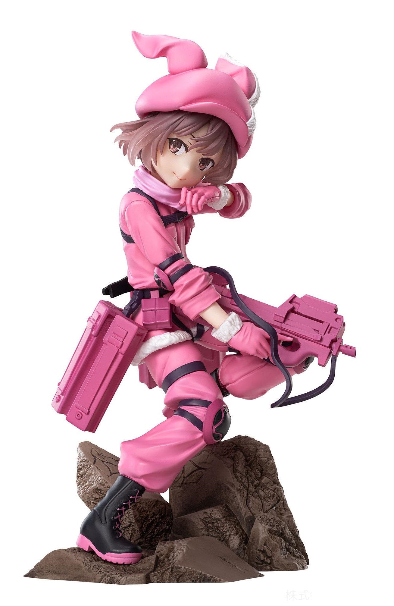 Sword Art Online Llenn Luminasta anime figure in pink jumpsuit with bunny ears and P90 submachine gun perched on rocks