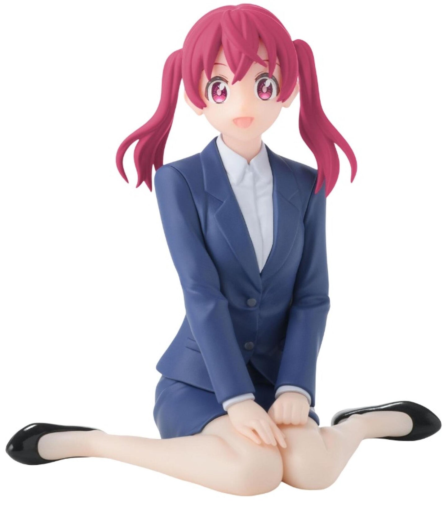 Kana Sakuragi PM Perching Figure with pink pigtails and a blue suit kneels smiling on a white background