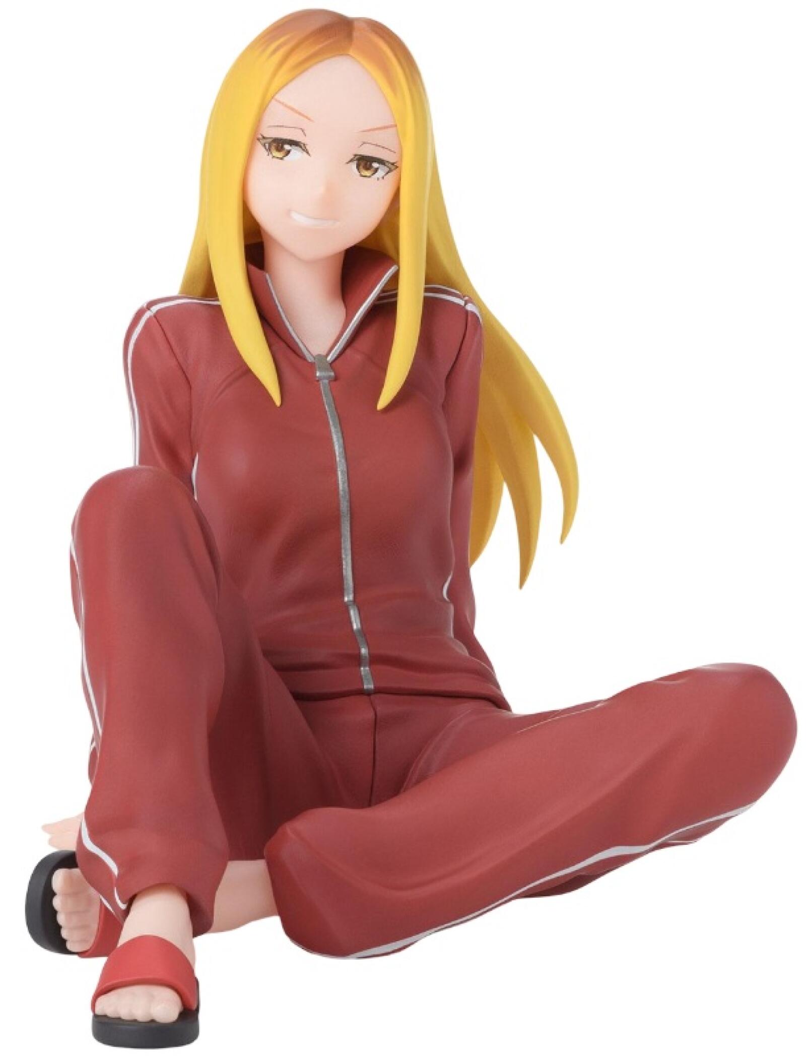 A smiling blonde perching figure in a red tracksuit with white stripes, sitting with crossed legs and wearing red sandals