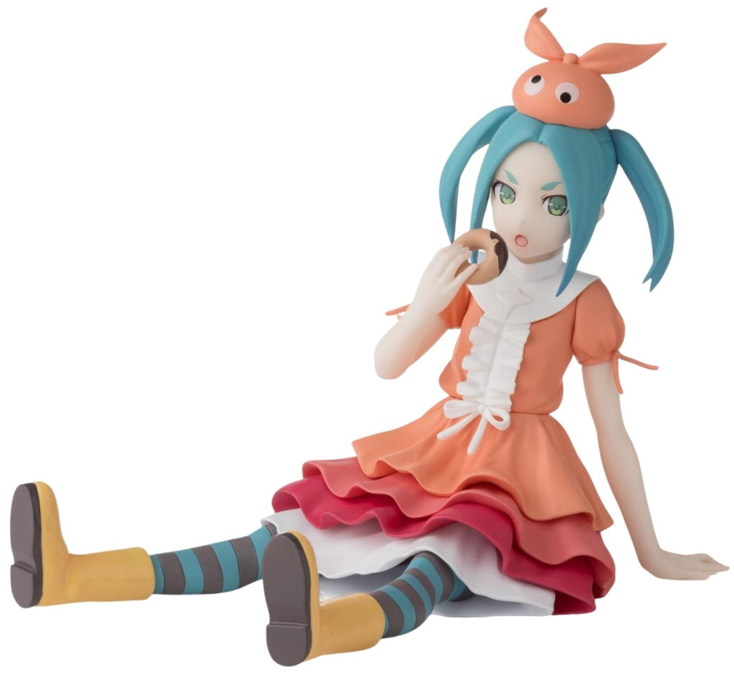 Anime figure of a blue-haired girl with a rabbit hat, wearing an orange ruffled dress, sitting and eating a donut