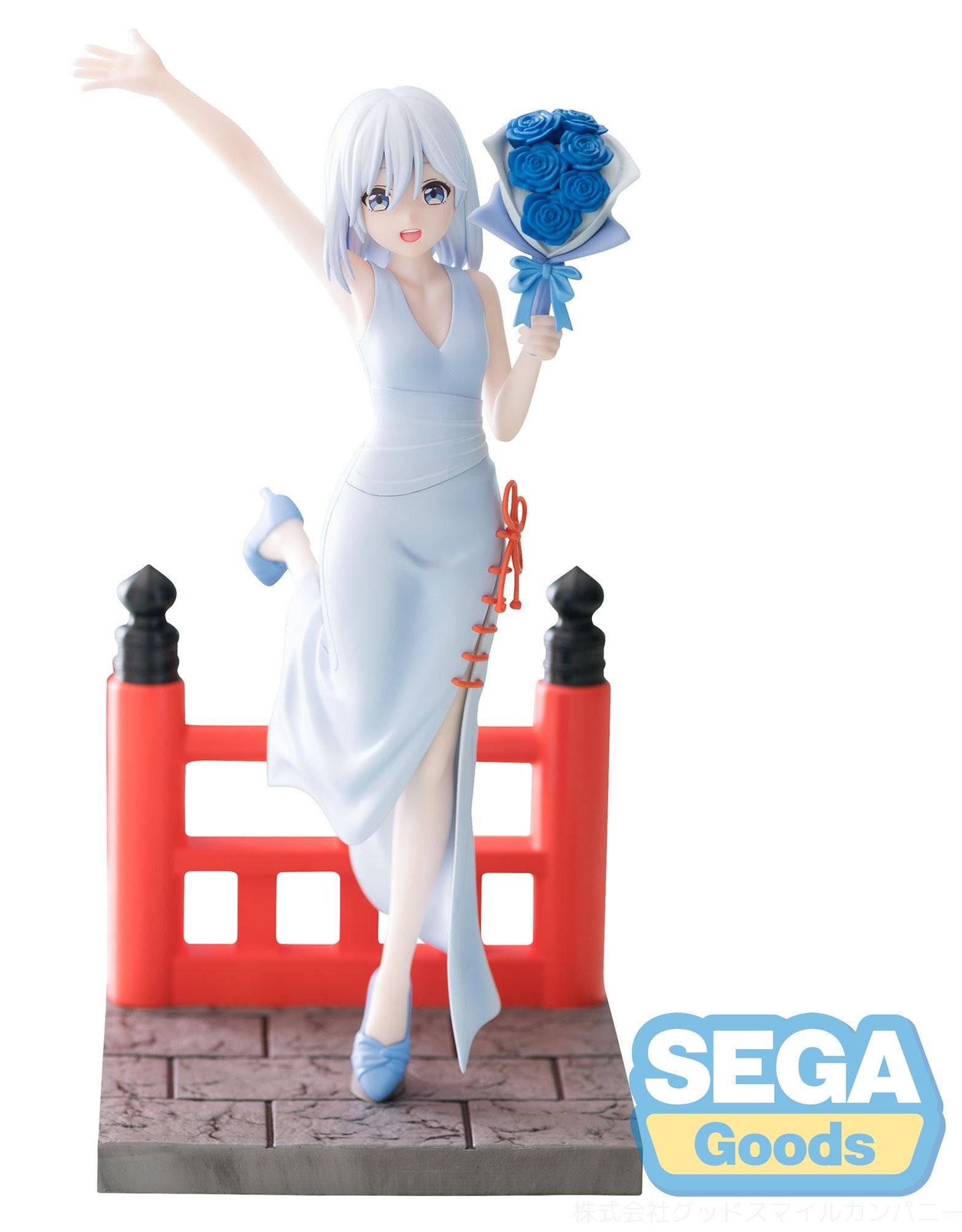 Anime girl figure with white hair, light blue dress with orange frog closures, holding a blue rose bouquet