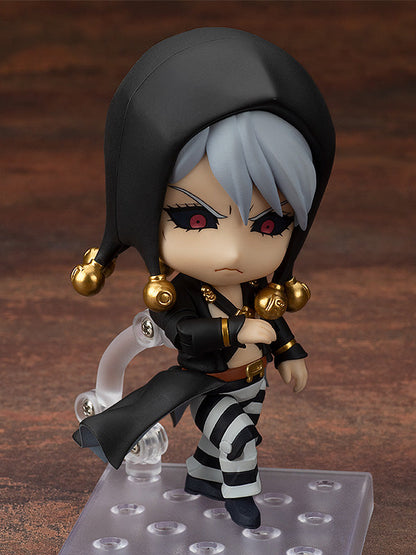 Nendoroid Risotto Nero figure with black hooded coat and striped pants on stand