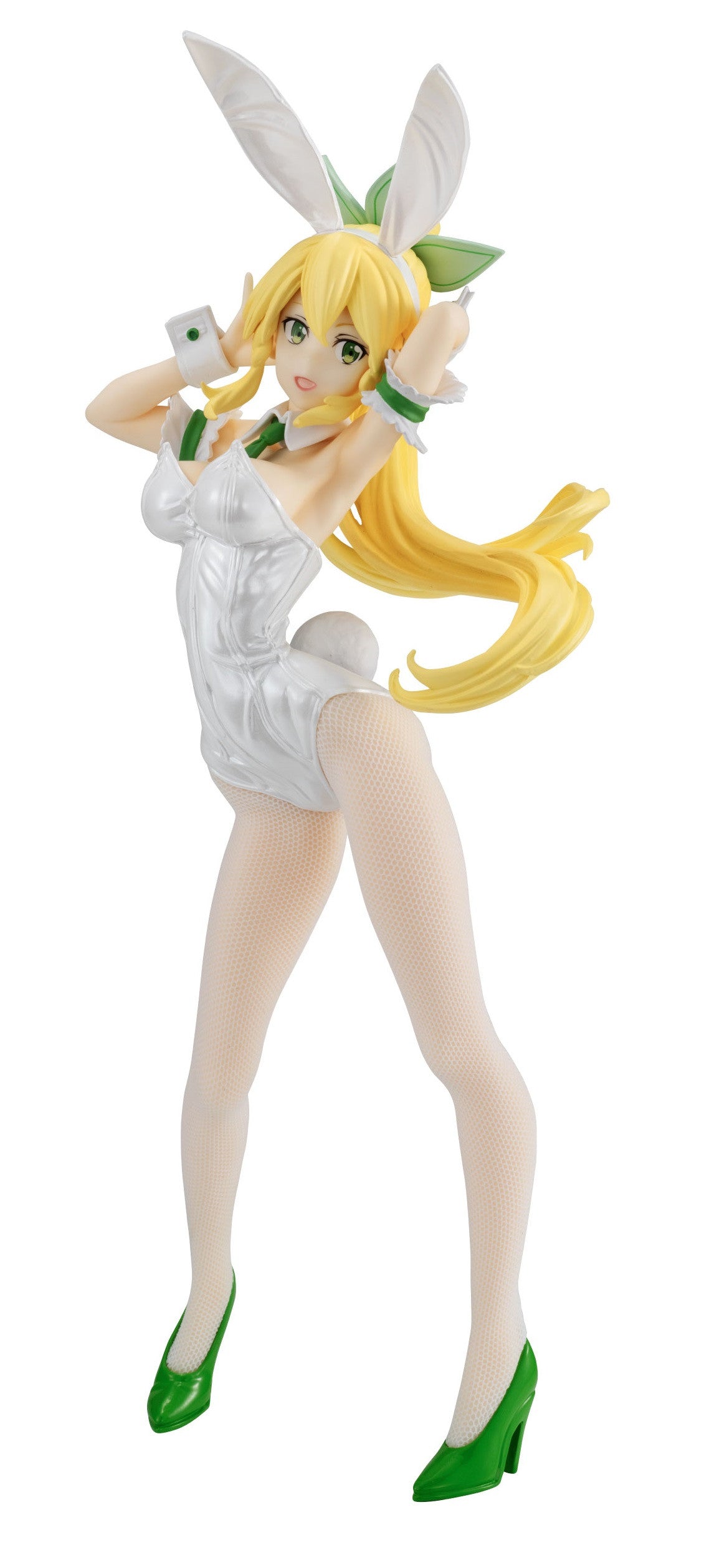 Yellow-haired female figure in white bunny costume and green heels posing playfully
