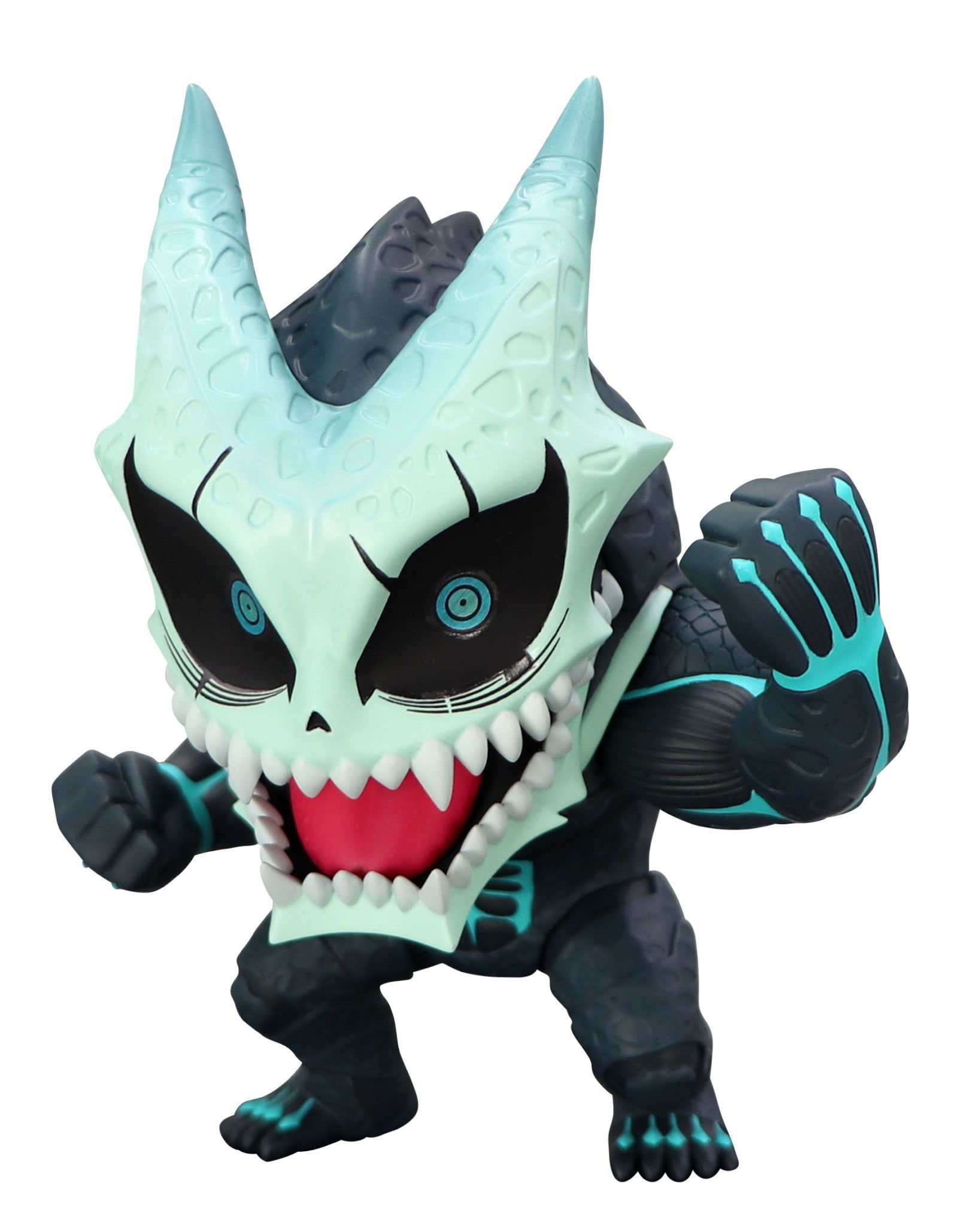 Mint green skull monster vinyl figure with dark blue body and glowing blue accents