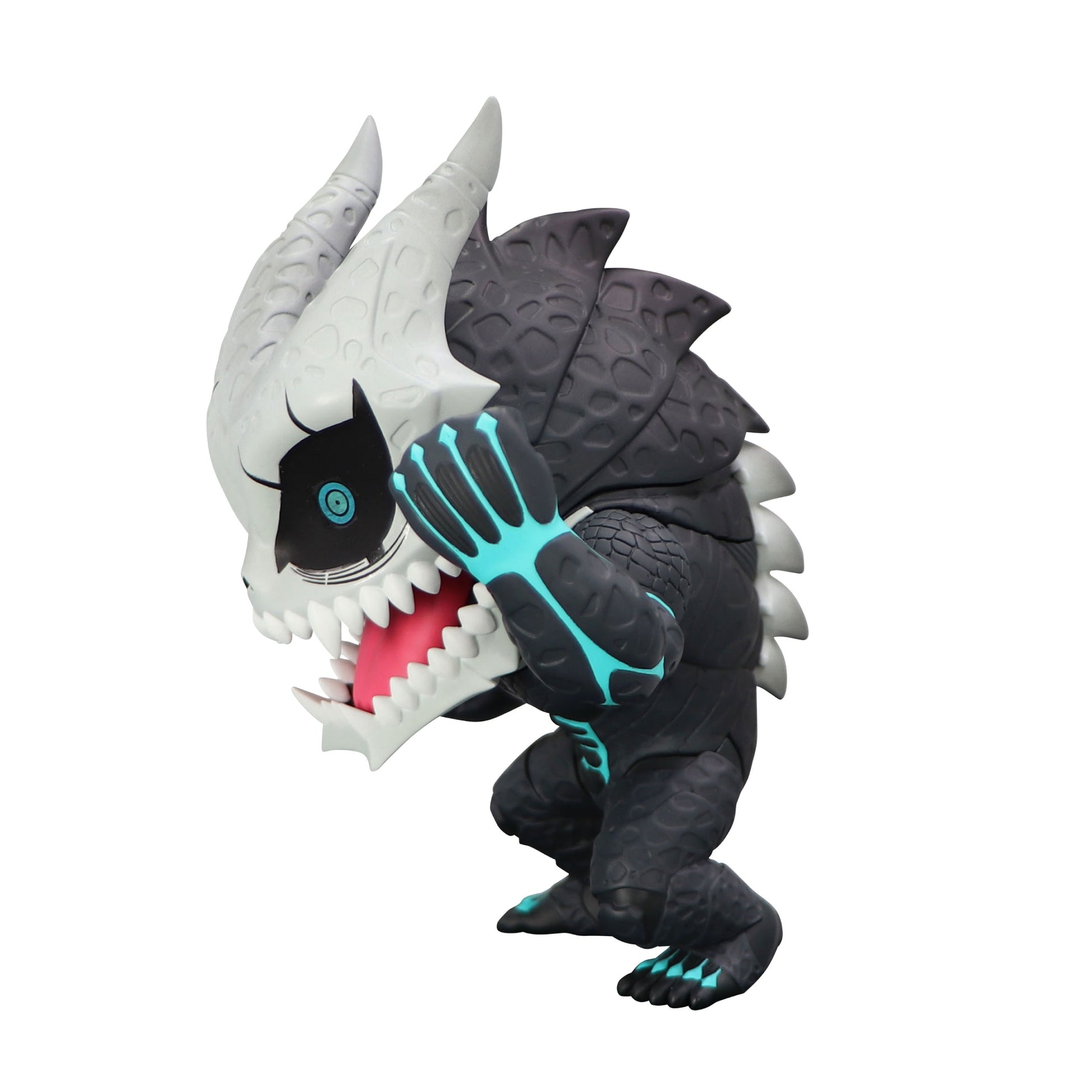 Toonize Kaiju No 8 figure in a dynamic pose featuring a white and grey head black body armor and blue glowing accents