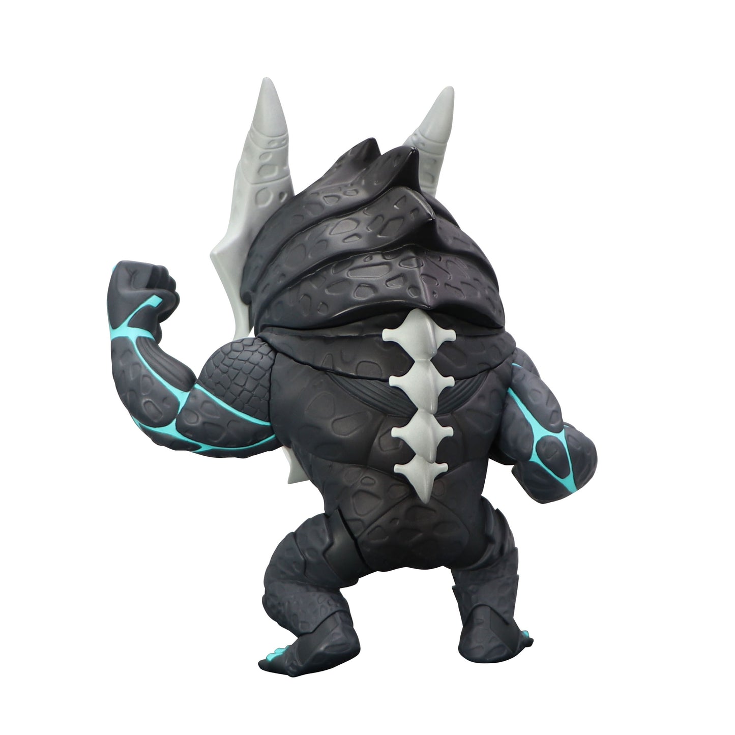 Toonize Kaiju No 8 figure black monster with white spines and teal accents on arms and legs rear view