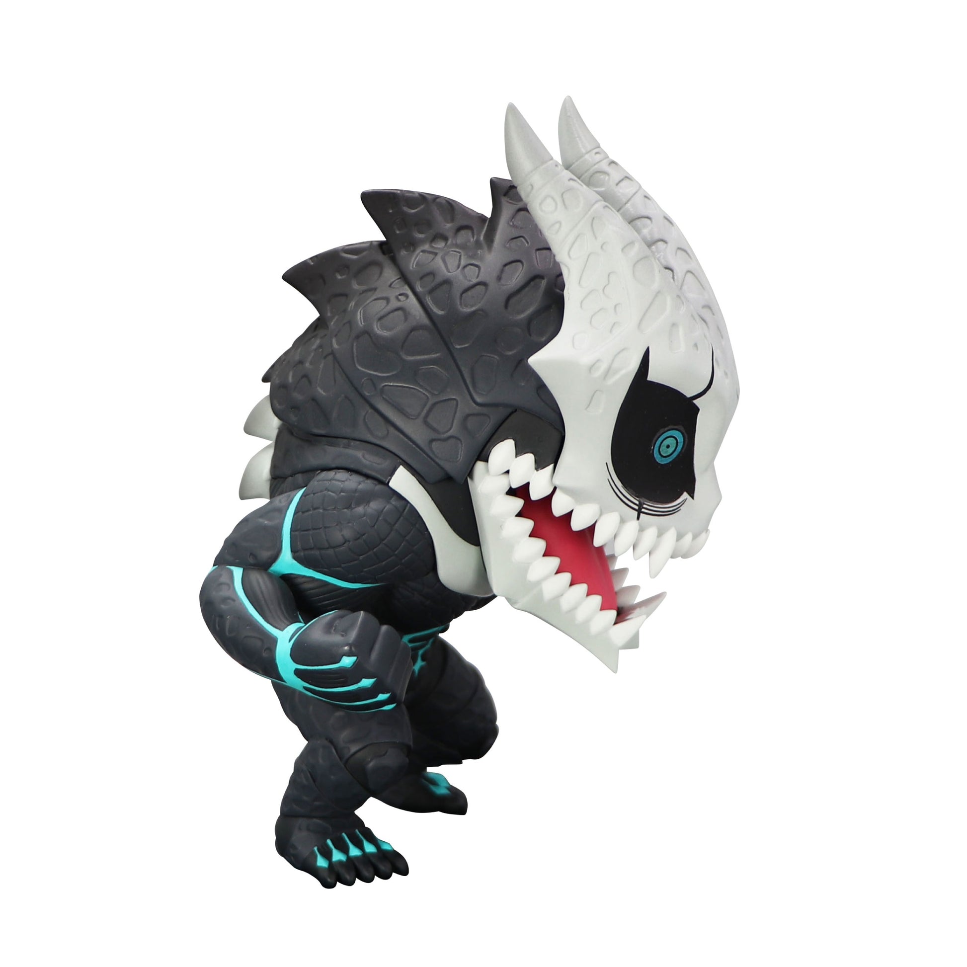 Toonize Kaiju No 8 black and white collectible figurine with skeletal mask and neon blue detailing