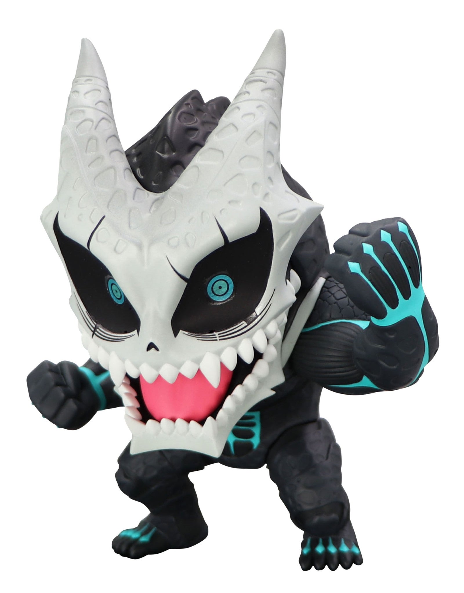Toonize Kaiju No 8 figure featuring black body light gray scale pattern mask teal stripes on arms and red tongue