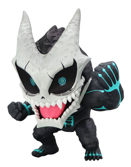 Toonize Kaiju No 8 figure featuring black body light gray scale pattern mask teal stripes on arms and red tongue