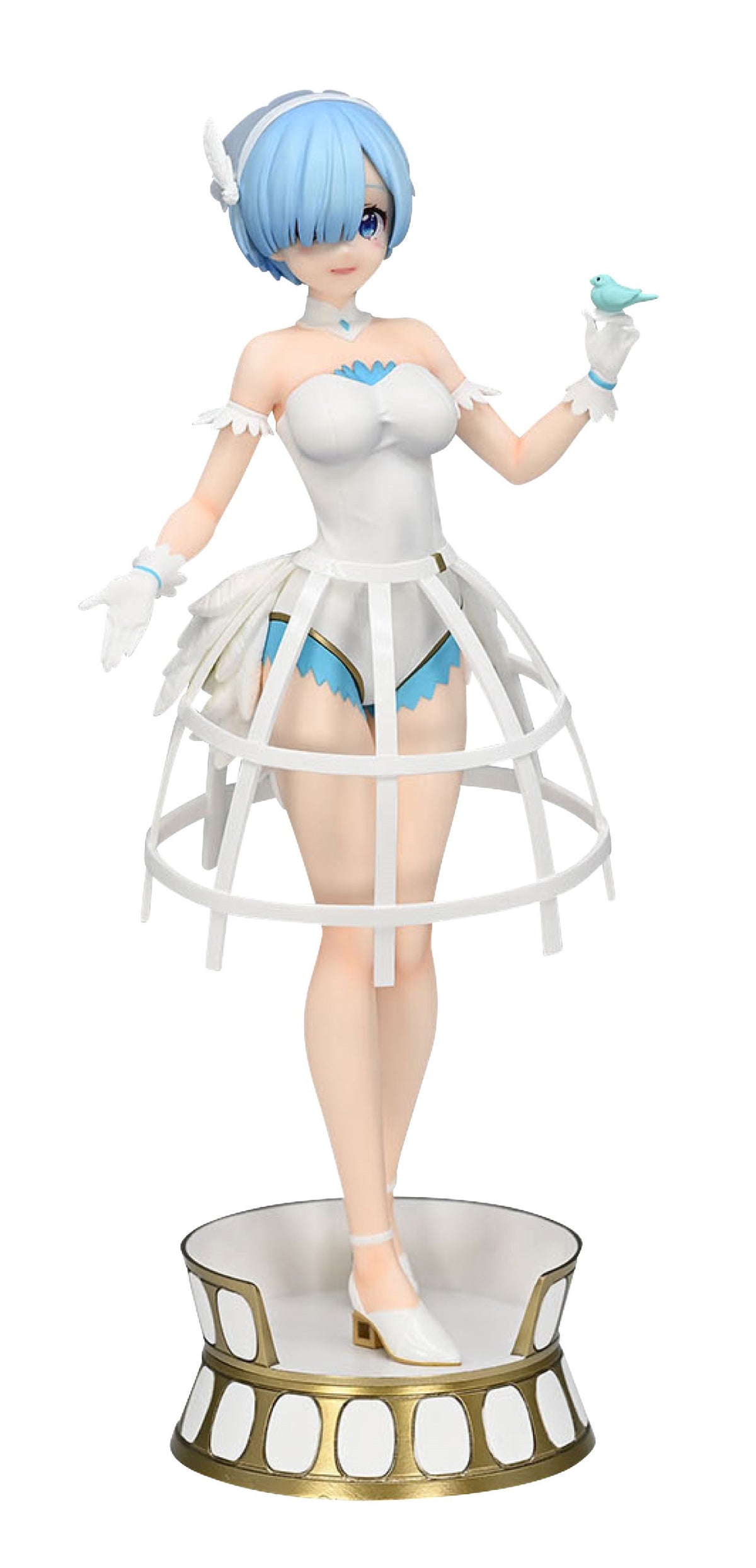 Rem figurine in white ruffled dress with blue bird on finger standing on ornate gold base