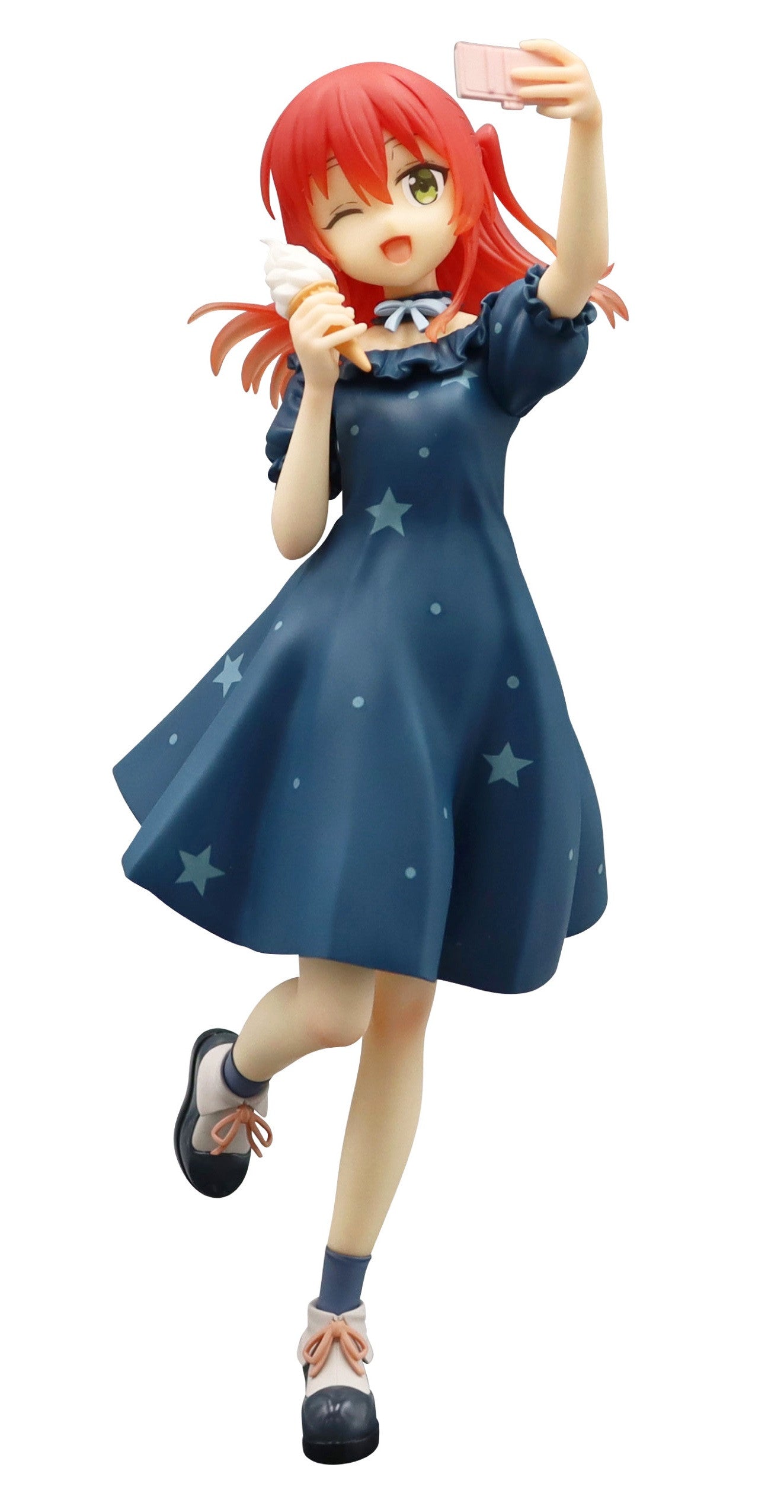 Red-haired anime girl figure in a blue star dress winks, holding an ice cream cone and taking a selfie with a pink phone