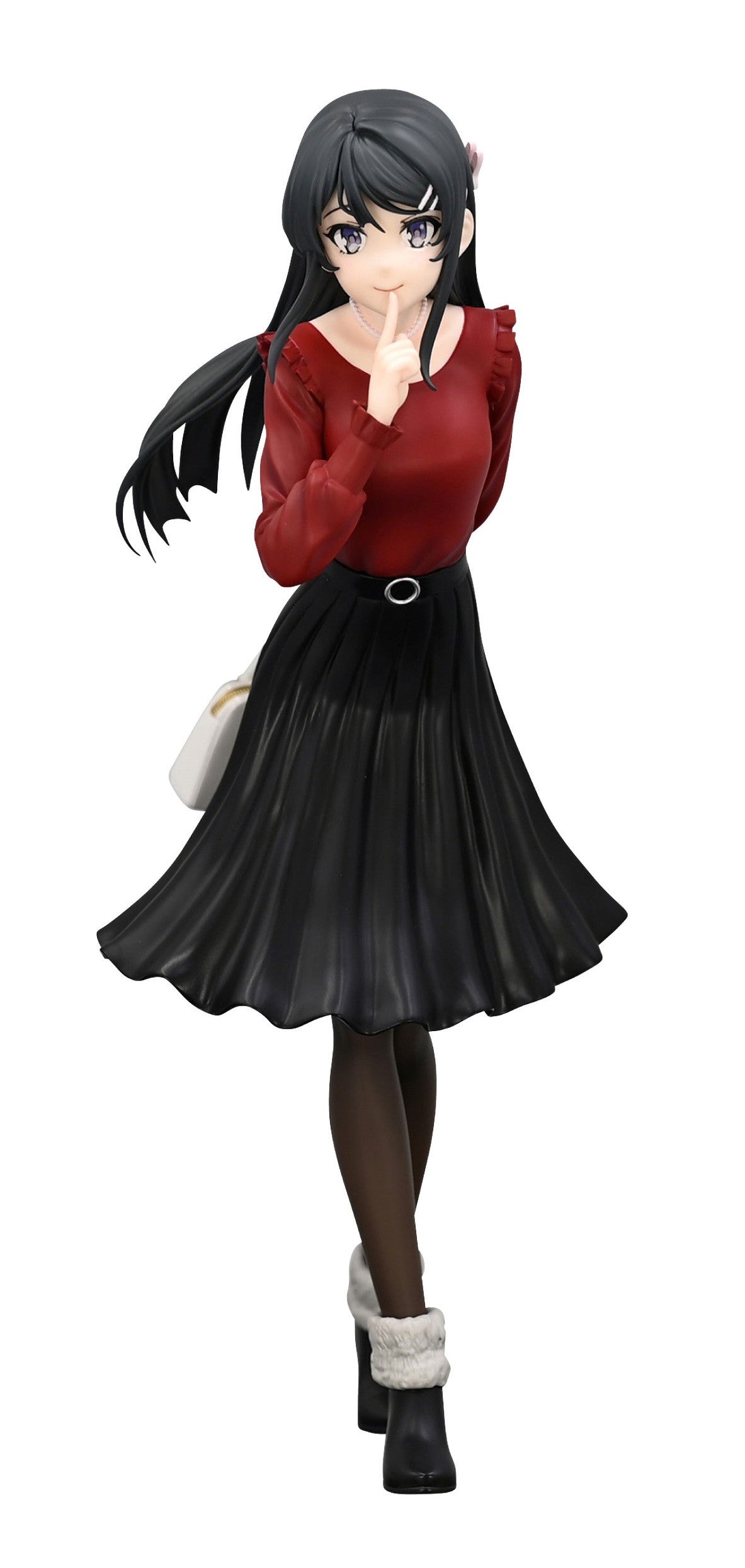 Anime figure: dark-haired girl in red top, black skirt, and boots, with a finger to her lips in a "shhh" gesture