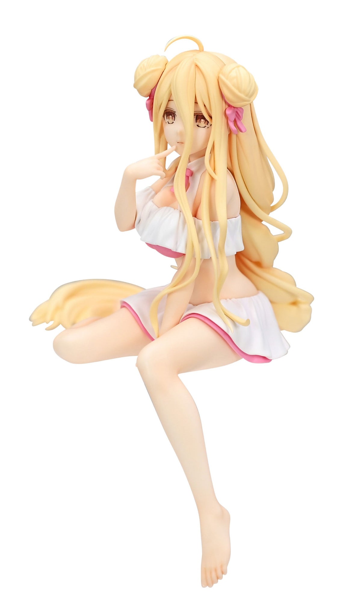 Detailed anime figure of a blonde girl with twin buns, wearing a white and pink outfit, sitting thoughtfully