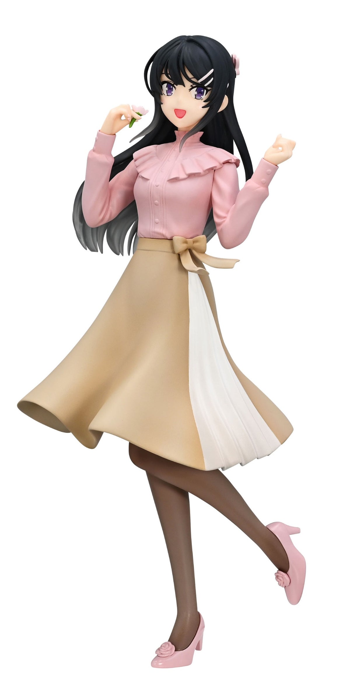 A cheerful anime female figure in a pink blouse, tan skirt, and pink heels, holding a small flower with one leg raised
