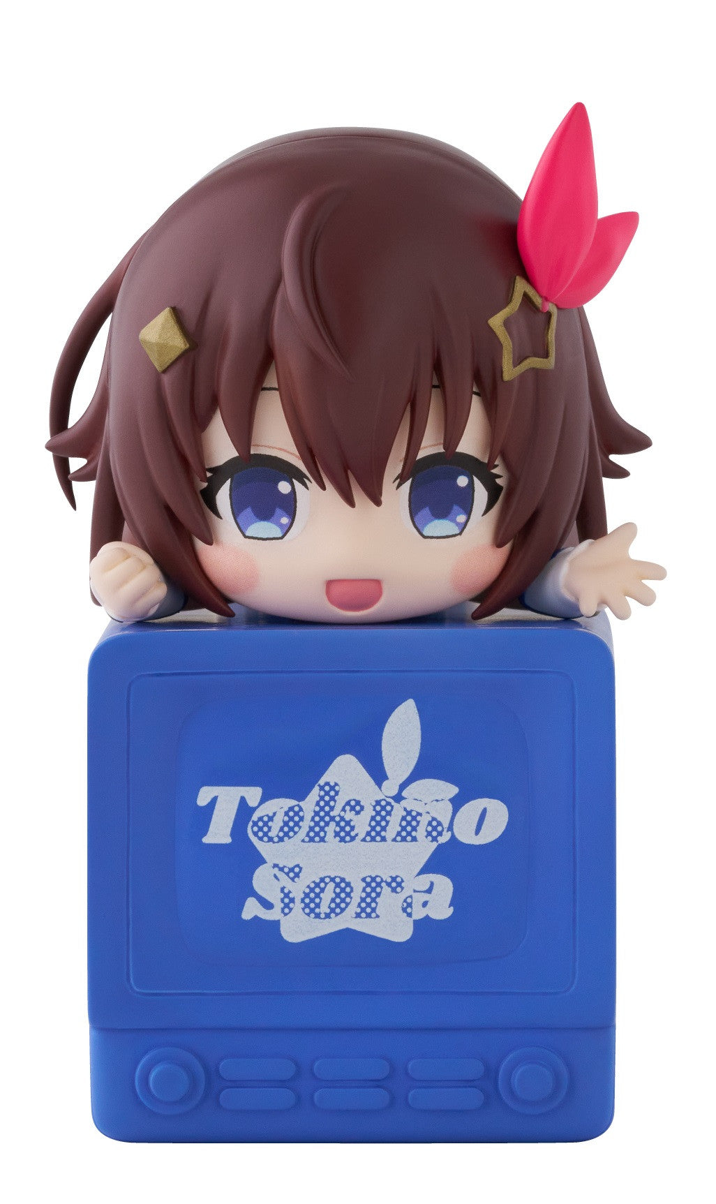 Good Smile Company Hololive Production Hikkake Tokino Sora chibi figure peeking from a blue monitor base with Tokino Sora logo golden and pink hair accessories