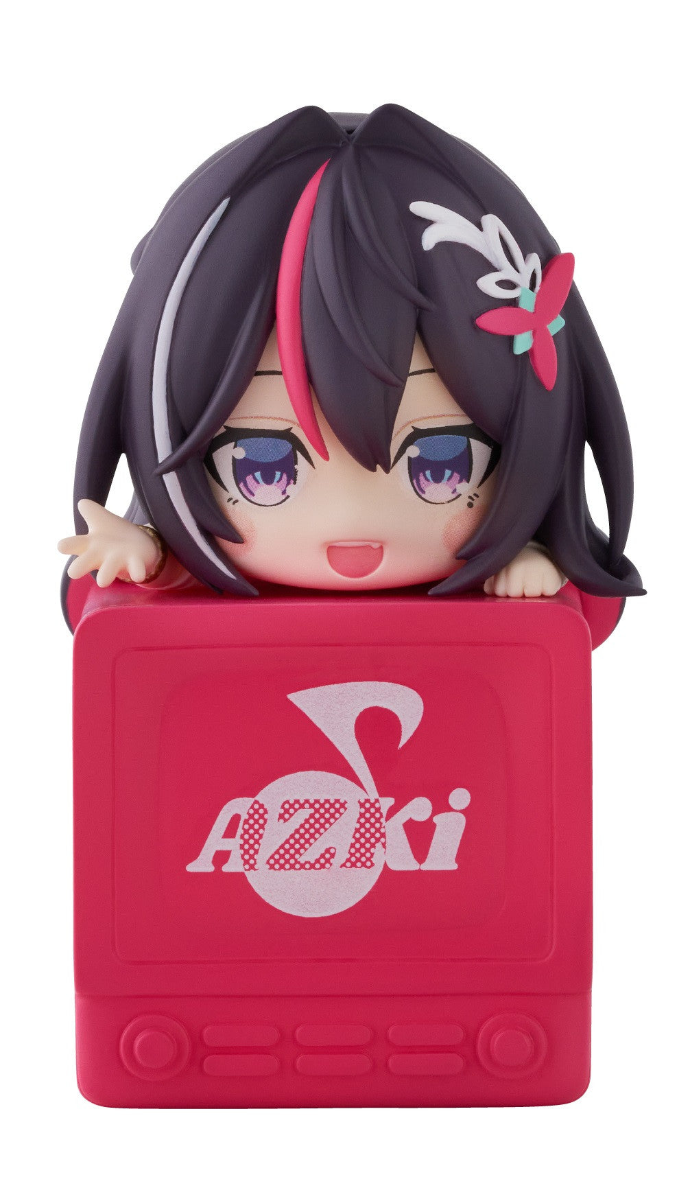 Hololive Production Hikkake AZKi figure a cute anime style character with dark hair pink streak and a butterfly clip peeking over a pink AZKi logo box