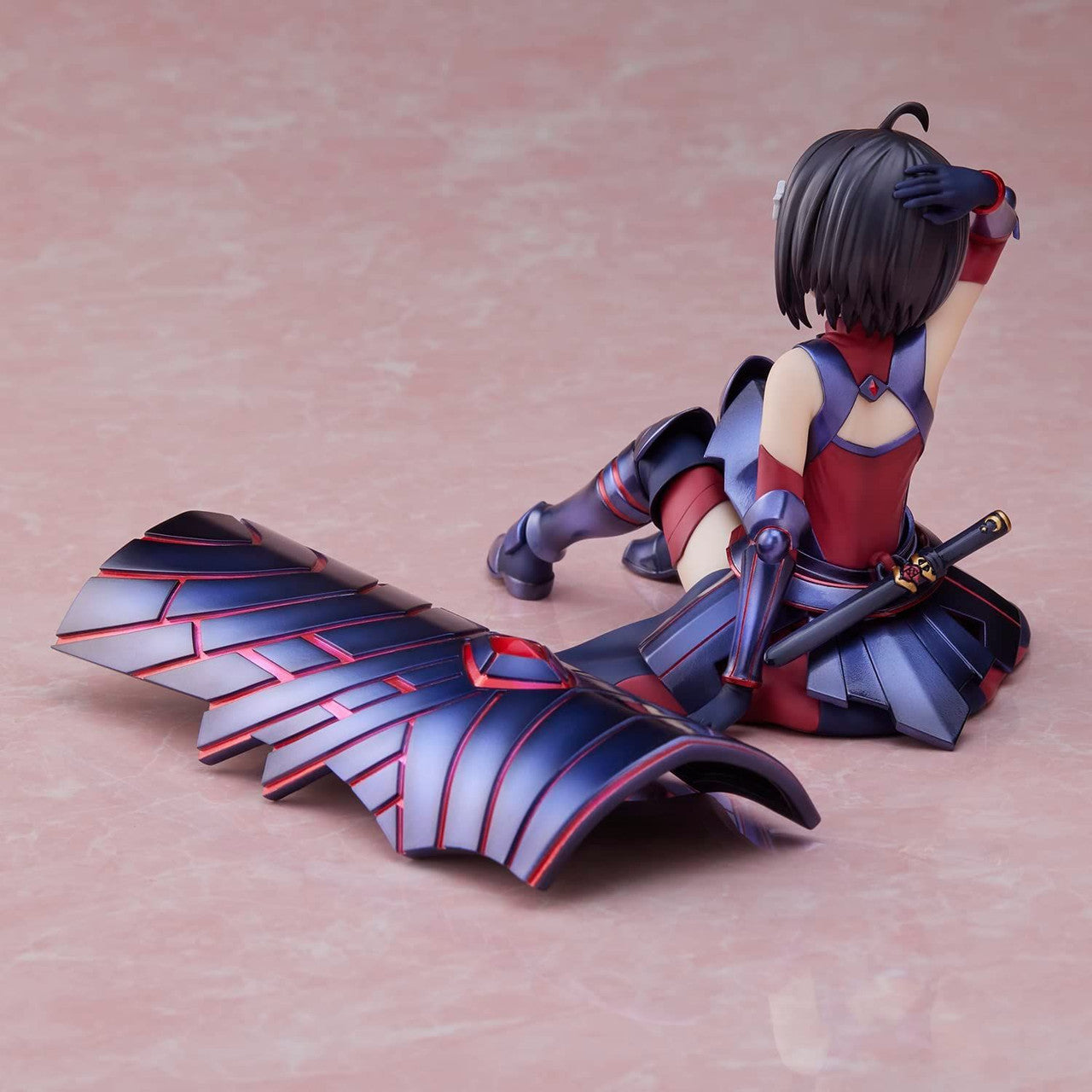 Bofuri I Don't Want to Get Hurt so I'll Max Out My Defense Maple figure sitting on a pink background partially armored with a large shield next to her