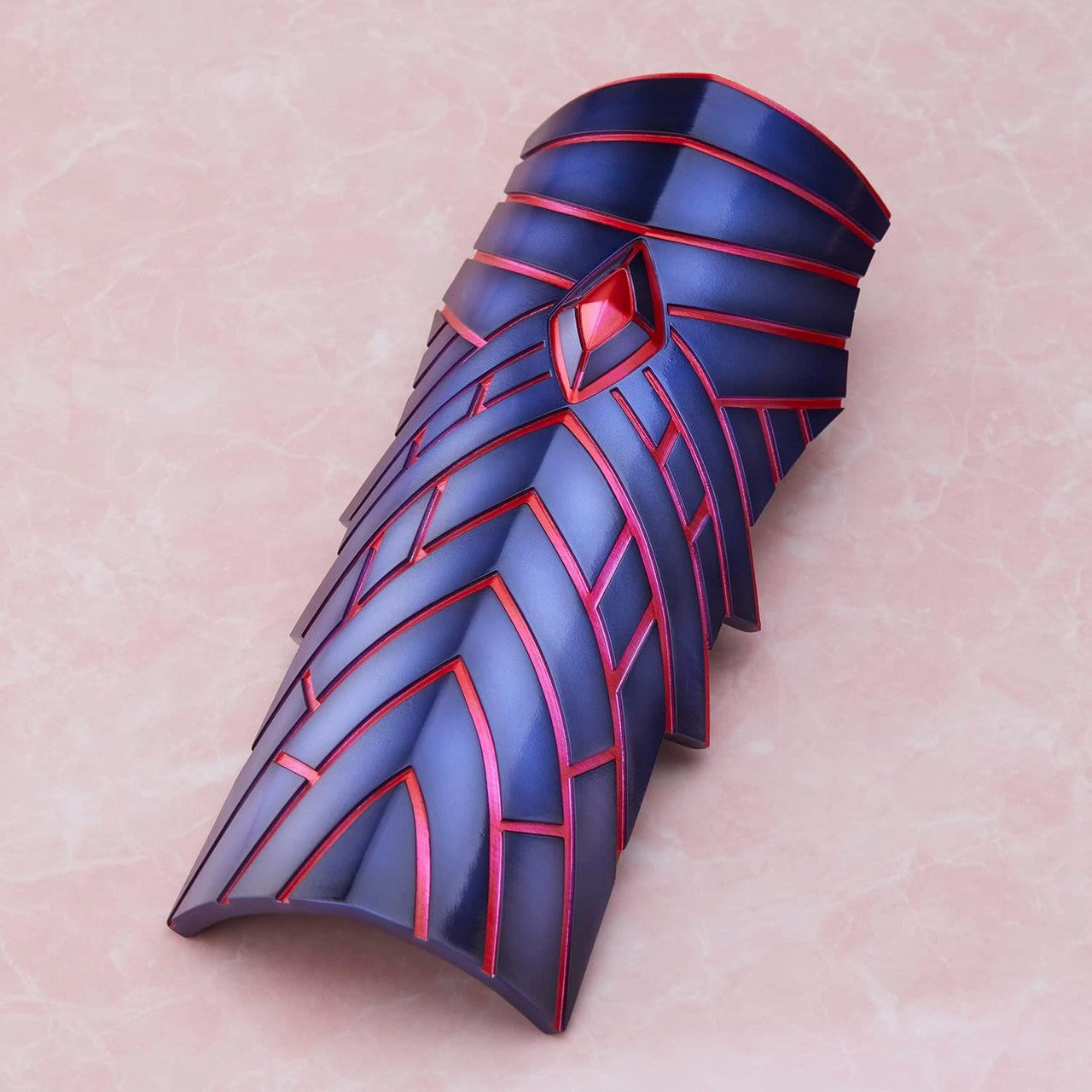 Blue and red Bofuri Maple arm guard armor piece with angled segmented design