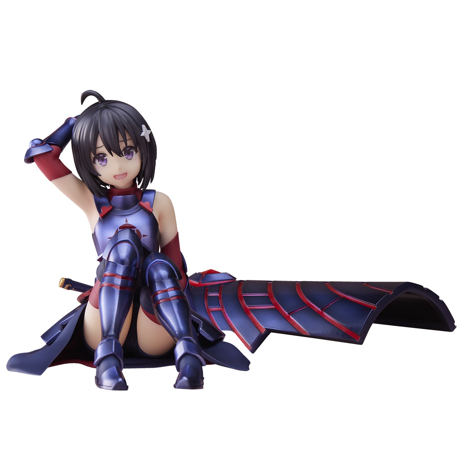 Bofuri Maple figure in blue and red armor sitting with large shield