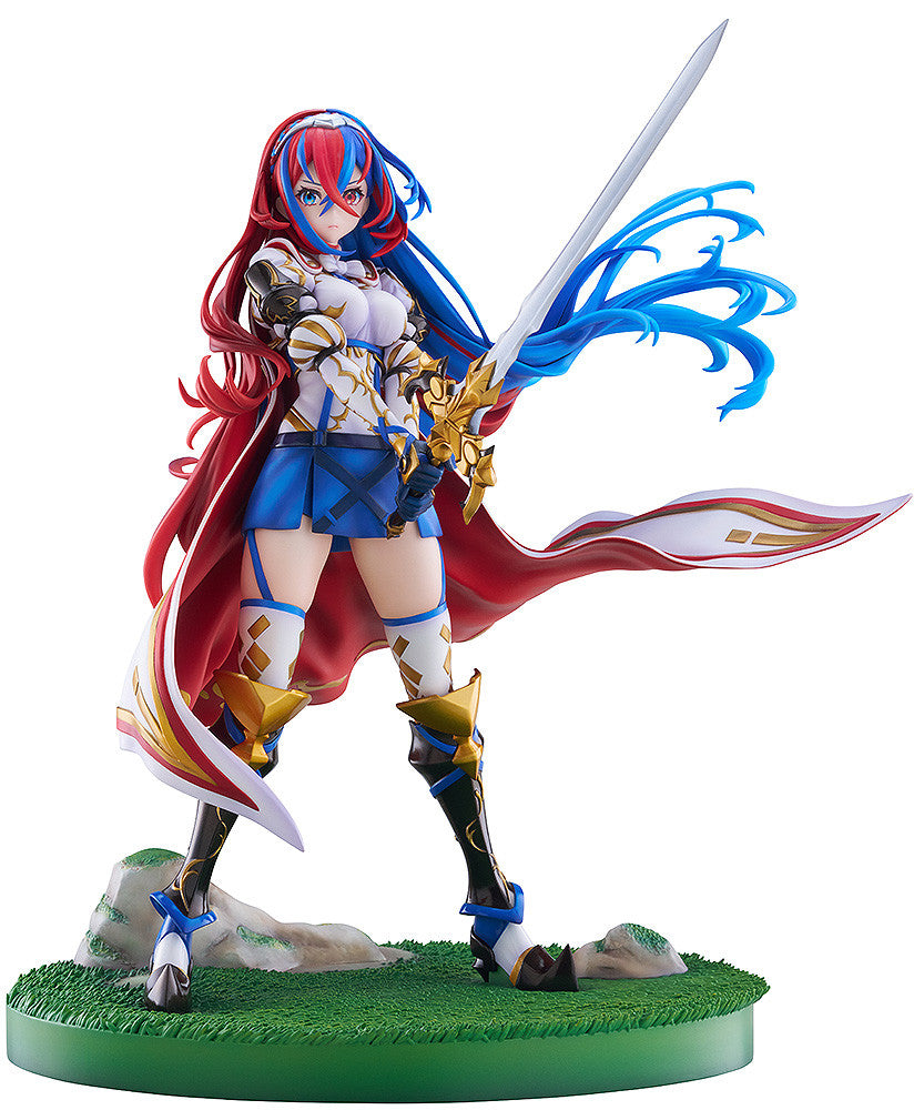 Statue of a warrior with half red, half blue hair, wielding a gold sword. She wears a white top, blue skirt, and flowing red cape