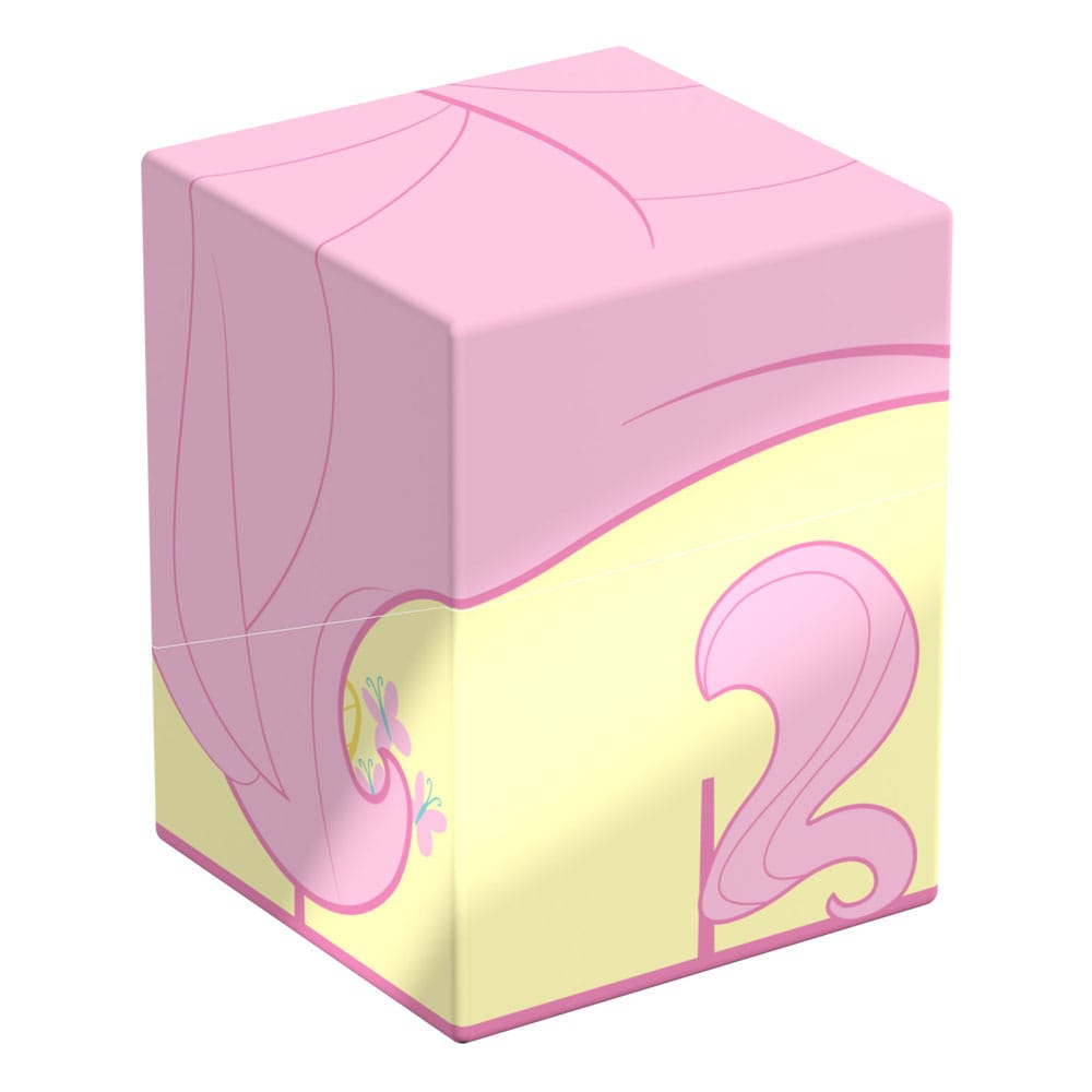 A cube-shaped Ultimate Guard Squaroe box in My Little Pony Fluttershy's pink and pale yellow colors, featuring her butterfly cutie mark and flowing mane details