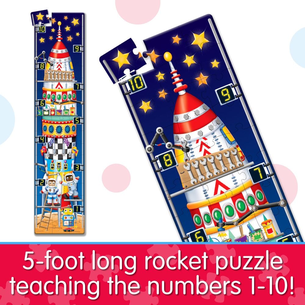 Long vertical rocket puzzle with sections numbered 1 to 10 against a starry blue background, featuring robots and tools
