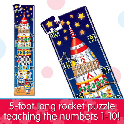 Long vertical rocket puzzle with sections numbered 1 to 10 against a starry blue background, featuring robots and tools