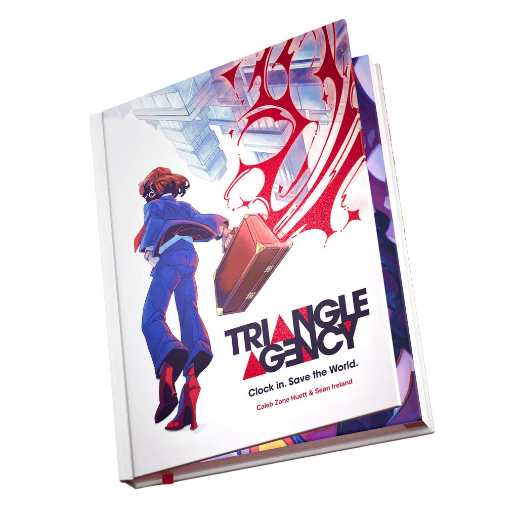 Triangle Agency RPG hardcover book cover featuring a person in a blue suit and red heels carrying a briefcase against an abstract background of city reflections