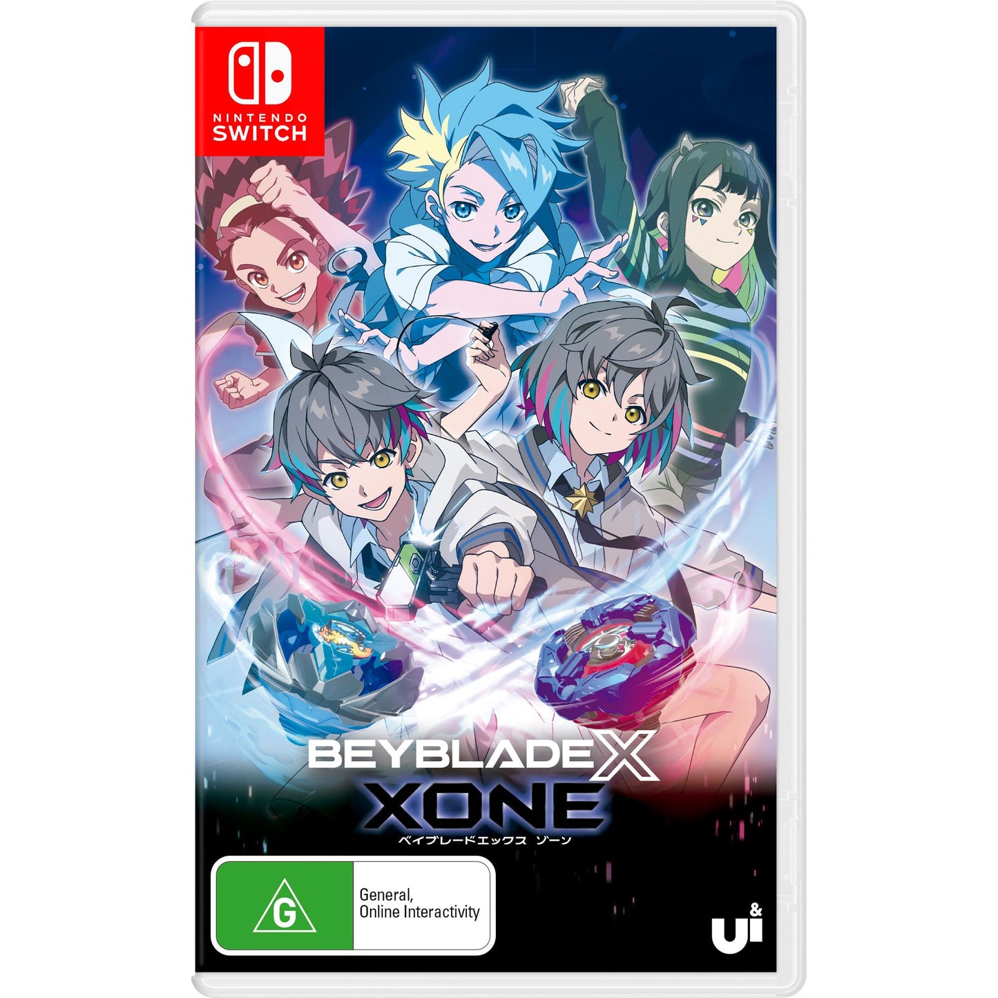 Beyblade X XONE Nintendo Switch game cover featuring anime characters launching spinning tops