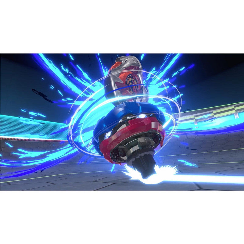 Red and blue spinning top (Beyblade) generating intense blue energy bursts while hitting the arena floor