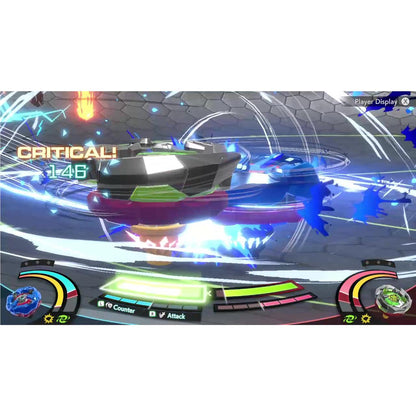 Video game battle of two spinning tops colliding with intense energy effects, showing a "CRITICAL!" hit
