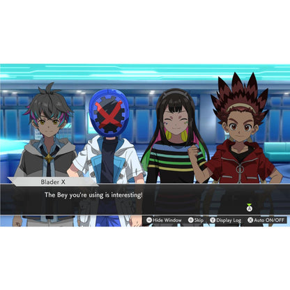 Anime game dialogue screen featuring four characters
