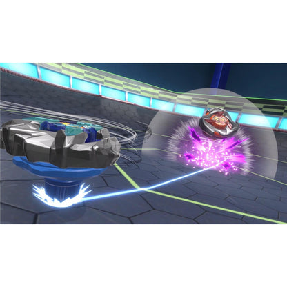 Two Beyblade tops clash in an arena, creating a purple energy explosion effect
