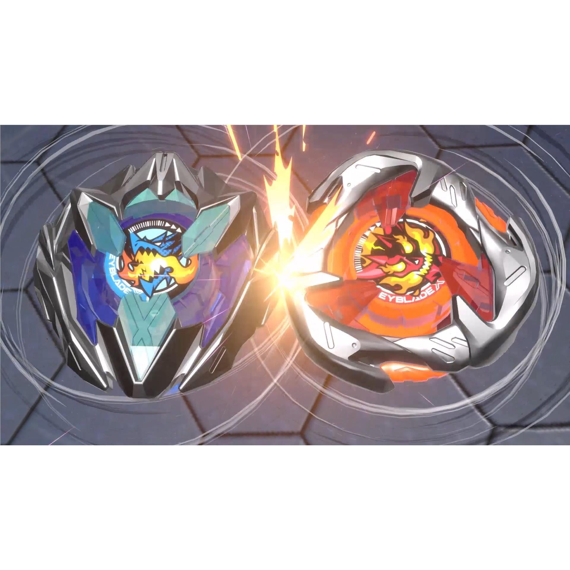 Two high-speed Beyblades (blue and orange) collide fiercely, generating a brilliant center spark