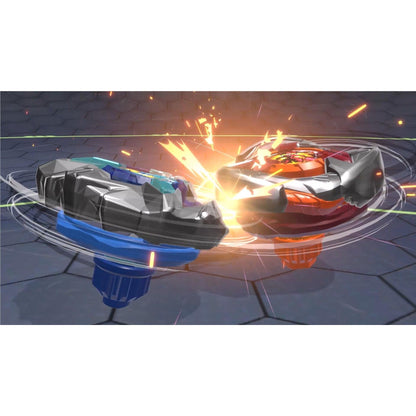 Two battling spinning tops (Beyblades) collide intensely in a stadium, resulting in a bright flash of sparks