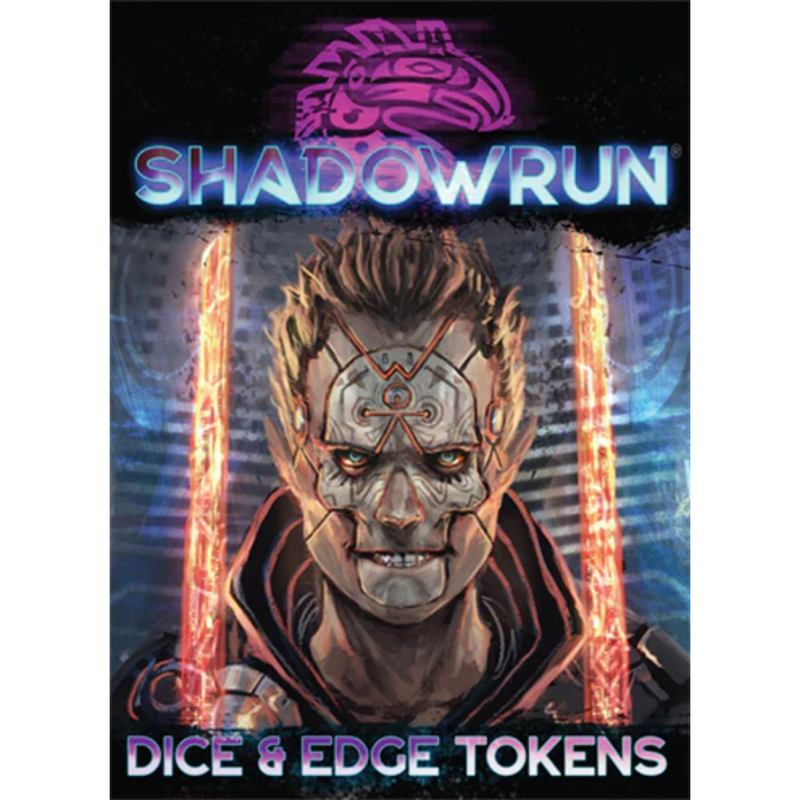 Shadowrun Dice Edge Tokens with cybernetically enhanced elf on dark city background