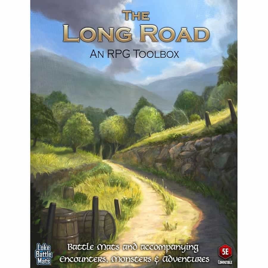 The Long Road An RPG Toolbox cover featuring a winding path through a lush green valley with distant mountains under a blue sky